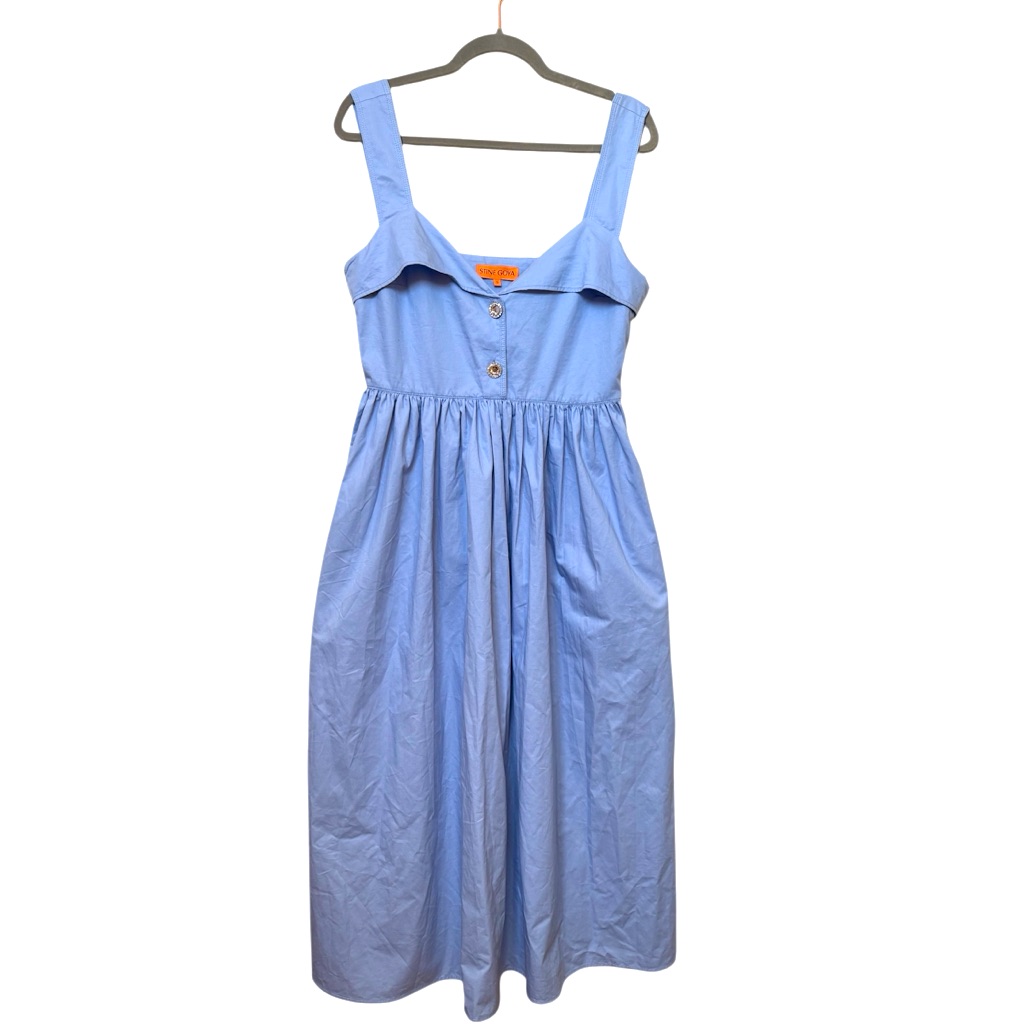 Stine Goya Blue Cotton Poplin Midi Dress Rhinestone Button Full Skirt Wedding